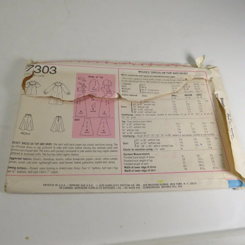 Simplicity 7303 Clothing Pattern Miss Med 12-14 Shirt, Dress, Skirt, Bell Bottom
